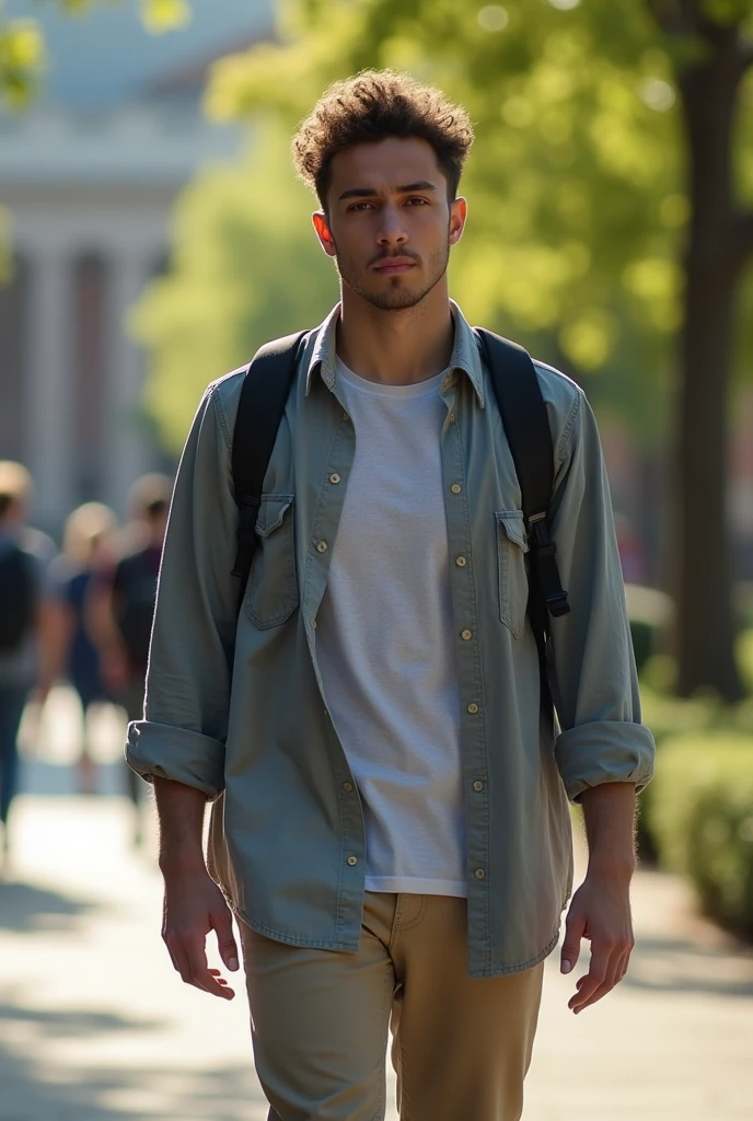 male student, looking tired, walking
