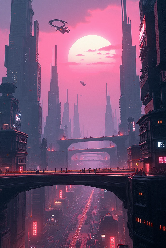 (Raw work) Cyberpunk-inspired city, Illuminated sky, Neon Light, Image seen from zero, Wide landscape, Future City