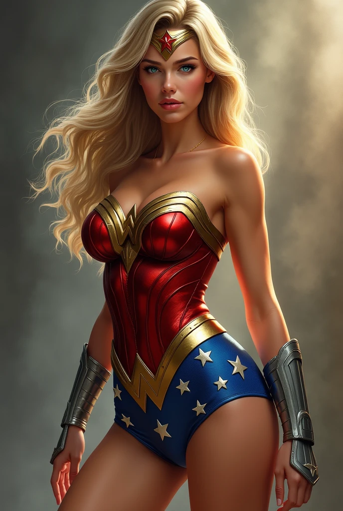 Femme blonde cheveux ondulé elle doit être sexy et avoir une pose sexy ses yeux sont bleus elle doit avoir la peau mat gros sein et fesse tenus de sport wonder woman une pièce