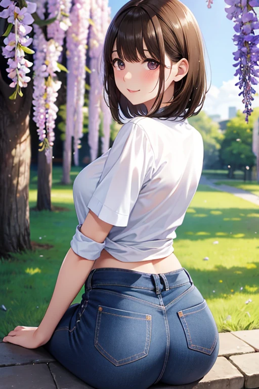 anegasaki nene、Shiny brown hair, short hair, (Beautiful brown eyes、Sparkling eyes, Fine grain)、smile、Ultra-detailed eyes、Highly detailed face, Highly detailed eyes,
((((Perfect Anatomy, ultra high density skin)))), 1 person,
Cute Mature Woman The spring wind blows large amount of wisteria flowers Lavender Fields Brown hair with bangs Hair blowing in the wind Bright red rouge lips Wet white shirt Blue Denim Hot Pants With your back turned Sit with your butt sticking out Turn around and make eye contact Realistic Happy expression Duck mouth masterpiece