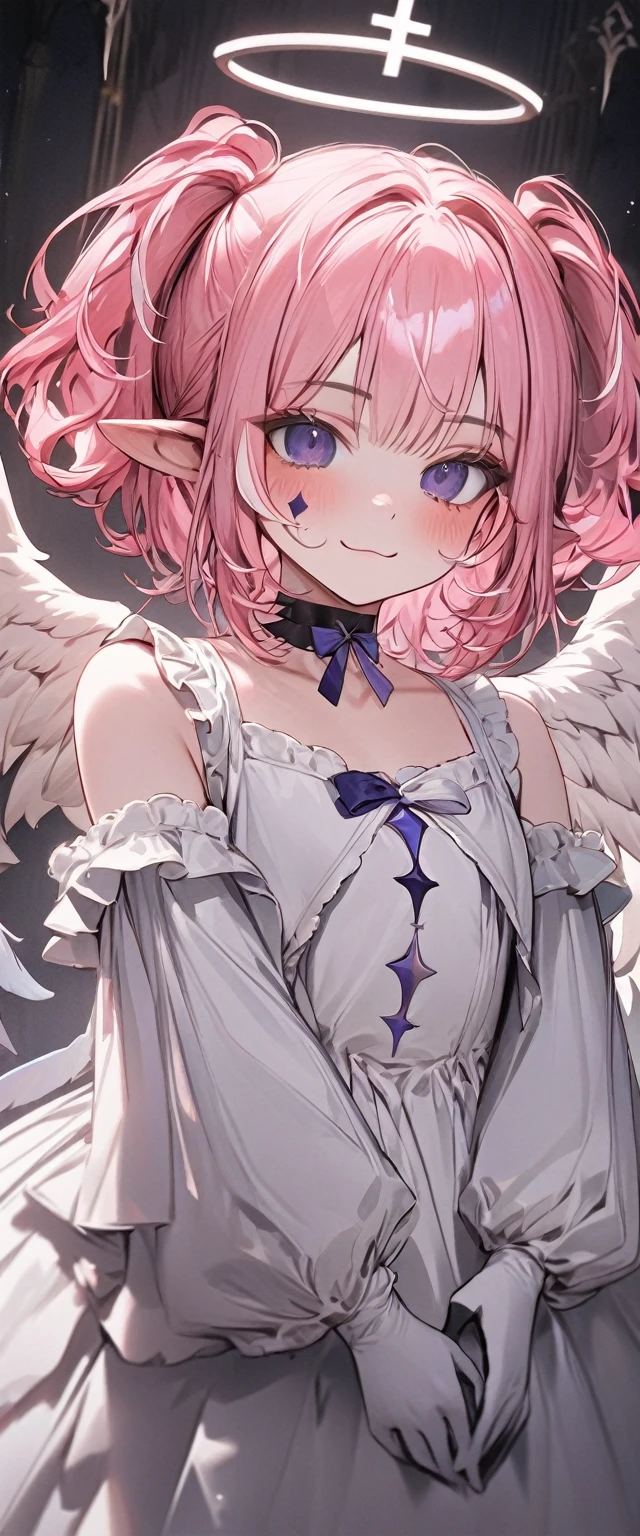 UHD, masterpiece, best quality, extremely detailed, anatomically correct, sharp focus, Midnight, gloomy atmosphere, Church, altar isle, 1girl, solo, camilavtuber, pink hair, short hair, shoulder length hair, curly hair, (angel head wings:1.2), (twin ponytail), dark purple eyes:1.1, (facial mark), small mouth, closed mouth, smiling, crucifix choker, white arm sleeves, slim arms, white gloves, small chest, 1 angel wing, single wing, ((long white gown)), frilly gown, slim legs, white stockings, (white high heels), (full body) , (close-up), innocent pose, eye-level shot, front view, innocent pose, scattered pink petals