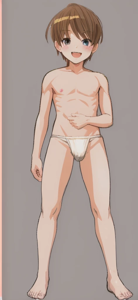 A slightly tall elementary school boy is standing with a smile on his face and his mouth open, wearing a white loincloth wrapped around his crotch.。