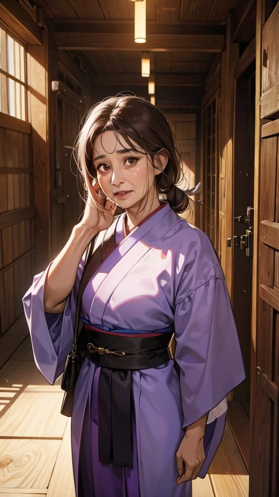 absurdres, highres, ultra detailed),masterpiece,best quality,high resolution,8k,Realistic face,Realistic skin texture,magnified textures, stunning clarity,(ultra detailed eyes and face),(1 old woman:1.5),65 years old,(ugly:1.2),(asian:1.3),brown hair,middum hair,one grid eyes,long nose,(old woman:2.0), (Scared:1.4)white kimono,purple hakama,look at viewer,Steampunk in the edo Period,(dark corridor)、night,Frightened pose、 （wrinkles skin:2.5）,cowboy shot,thin body type