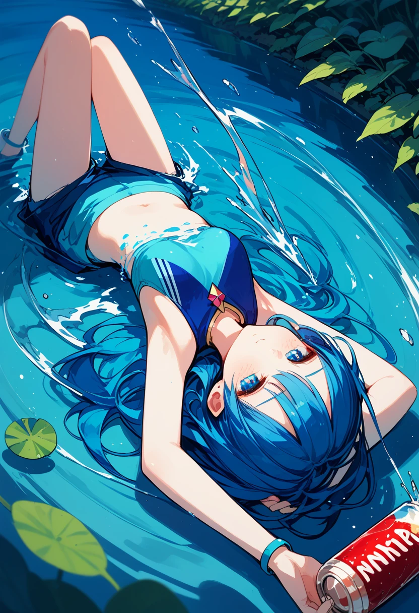 score_9, score_8_up,score_7_up,flat color,(masterpiece, best quality:1.1), girl laying on the ground with a bottle of water,blue water, cute, soda themed girl, blue colour splash,simple background, beautiful art style, splash art,perfect anatomy,