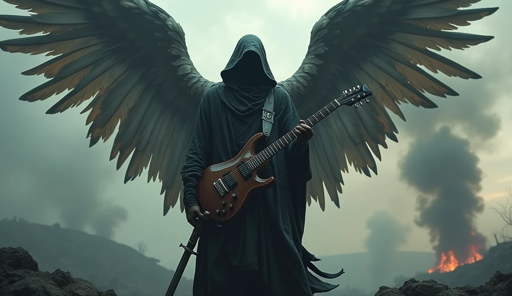 realisitic, 4K, A fallen angel with big wings, a sword, electric guitar in his hand, a hood over the head in the background image of a war (haos)
