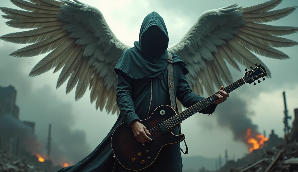realisitic, 4K, A fallen angel with big wings, a sword, electric guitar in his hand, a hood over the head in the background image of a war (haos)
