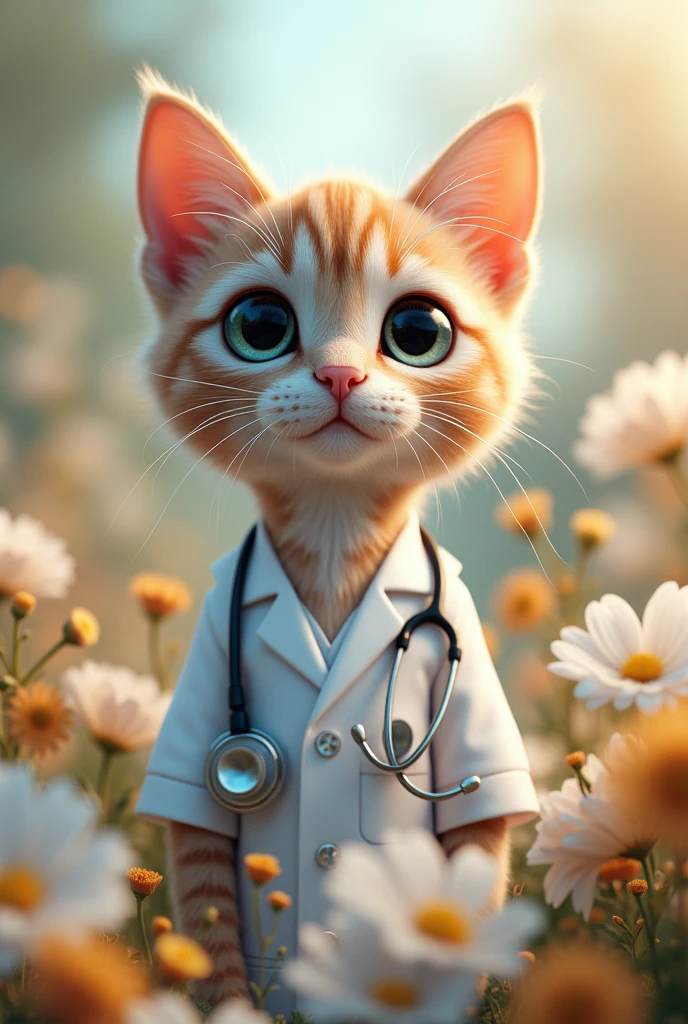 a medical cat, a cat wearing a medical uniform, white flowers, beautiful detailed eyes, beautiful detailed lips, extremely detailed eyes and face, long eyelashes, cat with a stethoscope, cat in a medical setting, cat surrounded by white and golden flowerss, intricate details, photorealistic, 8k, best quality, masterpiece, cinematic lighting, vibrant colors, smooth shading, 3d render
