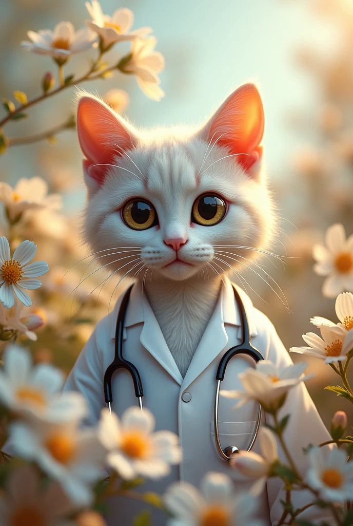 a medical cat, a cat wearing a medical uniform, white flowers, beautiful detailed eyes, beautiful detailed lips, extremely detailed eyes and face, long eyelashes, cat with a stethoscope, cat in a medical setting, cat surrounded by white and golden flowerss, intricate details, photorealistic, 8k, best quality, masterpiece, cinematic lighting, vibrant colors, smooth shading, 3d render