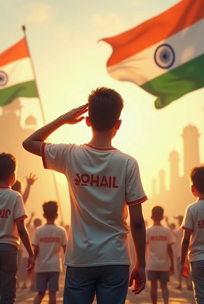 A boy saluting Indian flag on independence day Sohail name on his t-shirt back