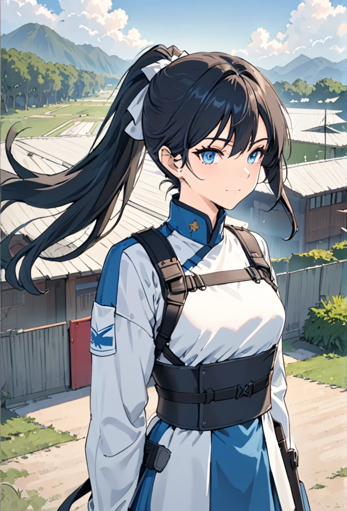 {{upper body}} {{Artist: sincos}} 1 woman, sharp and sexy female, black hair, long hair, hair in a ponytail, lidded eyes, electric blue eyes, no smile, lithe body, tall, tactic wear, militar clothes, harnesses, training grounds, standing, hand on hip, dadk ambiance, pov, good quality.