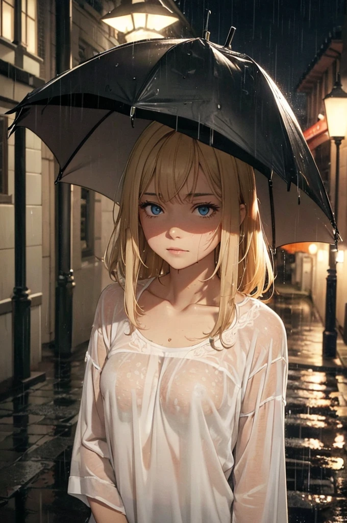 (master quality, amazing detail, amazing eyes), (nighttime) 1girl, outside in the rain at night time, she is standing underneath a lamppost, she is only wearing her sleepwear, she is soaked to the bone, short caramel blonde hair, B-cup breasts, small chest, wearing nothing but a long T-shirt, depressing, view from above, pyjamas shirt, heavy rain, wet hair, very wet hair, miserable, sad, dark picture, thick shirt, nightgown,