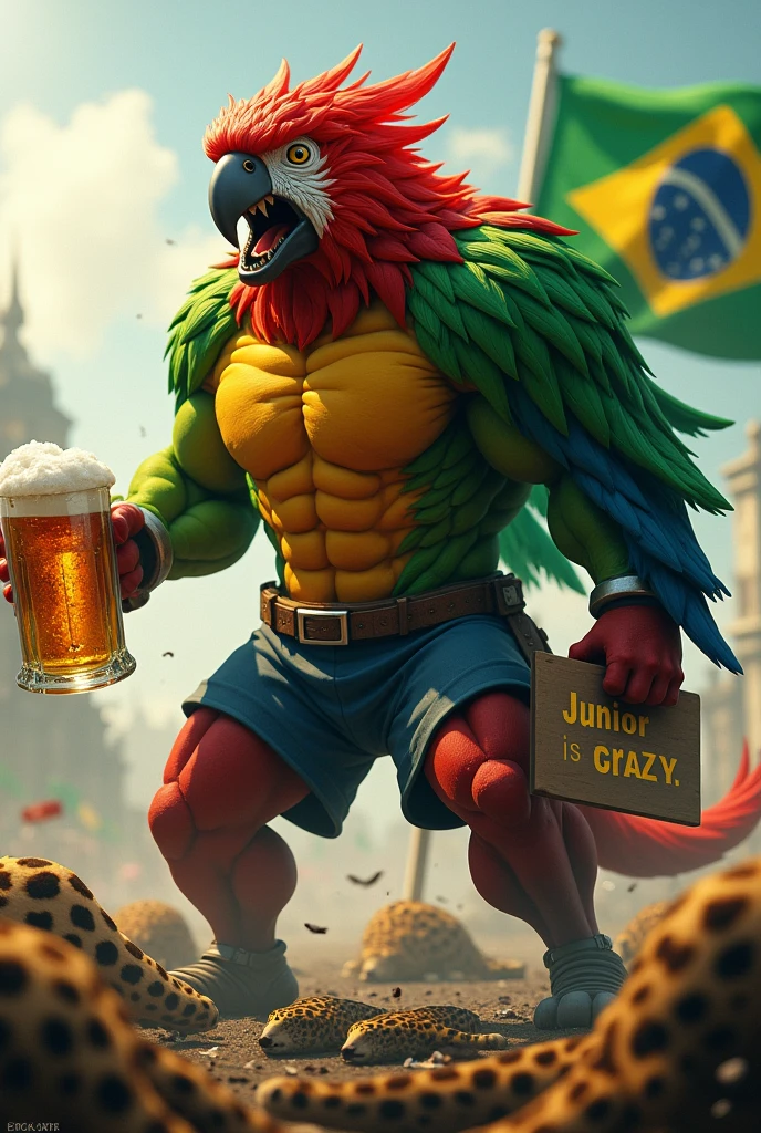 A Brazilian parrot with Brazilian colors and a Brazilian flag in the background muscular in a ferocious humanoid shape screaming madly on a battlefield with several dead jaguars on the ground holding a sign written "Junior is crazy" and in his other hand a large mug of beer