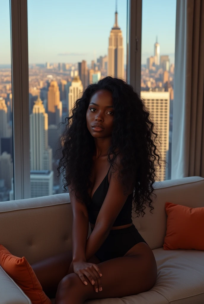 darkskin ebony 1girl, selfie photo hyper realistic curly long black hair mirror photos 8k ultra hd, sitting on a modern sofa in a modern marble mansion, background is detailed and luxurious living room, full body, panoramic window view of the New York skyline, wearing acne studios