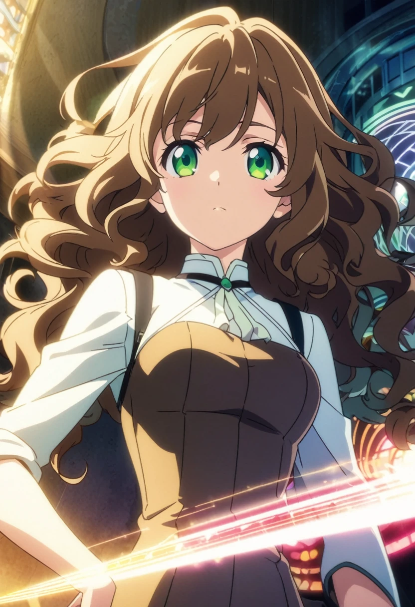 beautiful girl, 18 years ((Appearance: green eyes, long slightly wavy hair, brown-haired, slim waist, Narrow hips, 2 bust size )) (( style: anime, 2d )) (( quality: beautiful light, 16k Wallpaper, cinematogram )) (( angle: 0.6 fov ))
