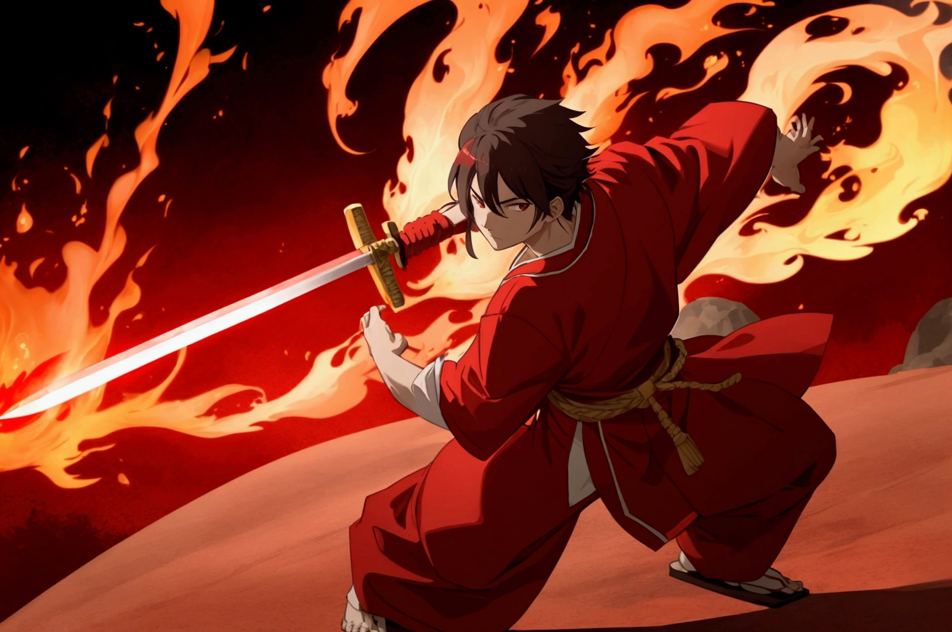 Japanese anime swordsman wearing a red outfit, a red robe, standing in front of a Japanese village, holding a red sword on fire, using the ultimate move, the Fire Dragon move.