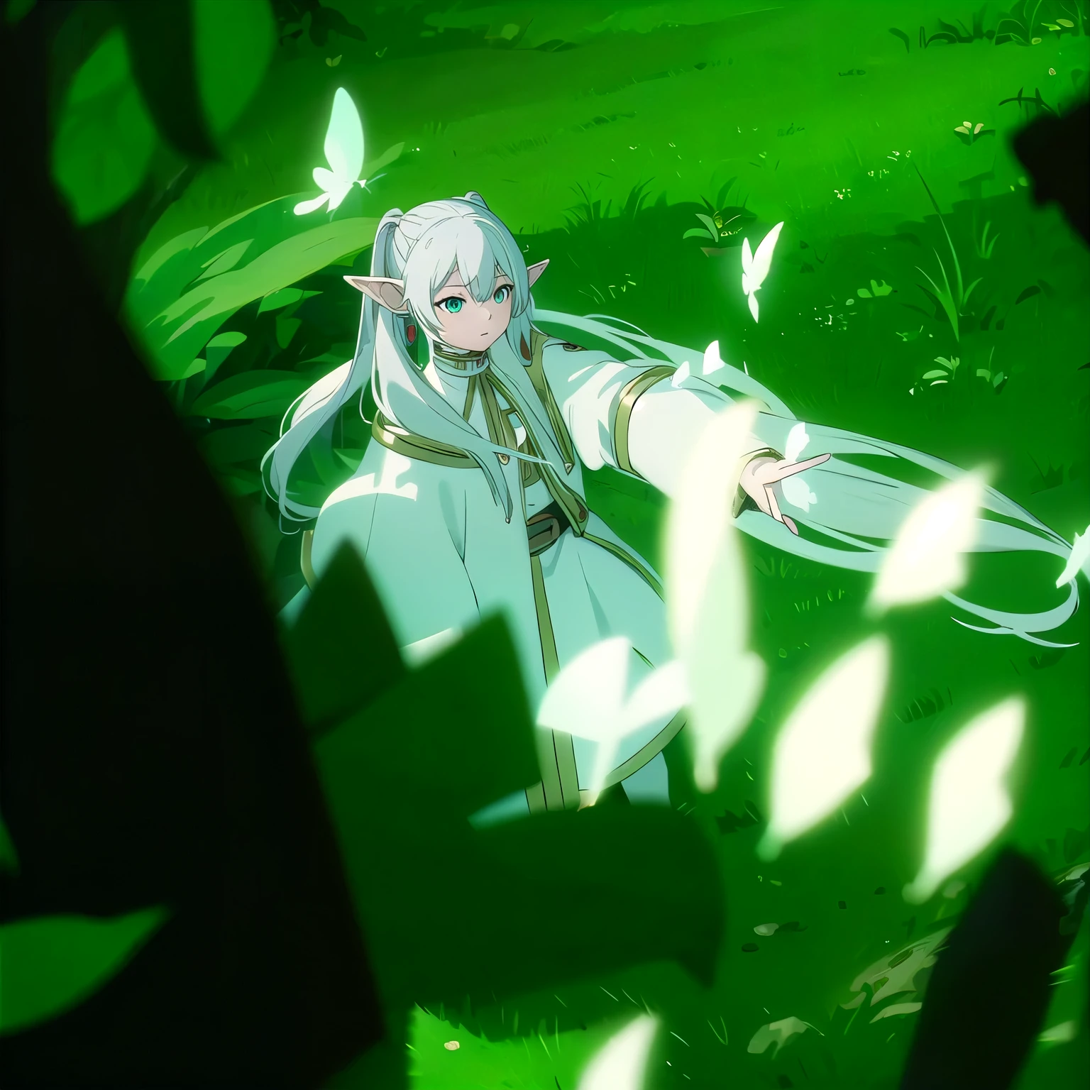 1girl, Frieren, (masterpiece:1.3), (high resolution), (extremely detailed),perfect face, nice eyes and face, (best quality), (super detailed), detailed face and eyes, (solo), textured skin, absurdres, highres, wz_sousou_no_frieren_style, wz_sousou_no_frieren_style, twintails, very long hair, silver hair, pointy ears, elf, white capelet, green eyes, black pantyhose, earrings, white skirt, belt, white sleeves, pov, selfie, butterfly, grass, stone street