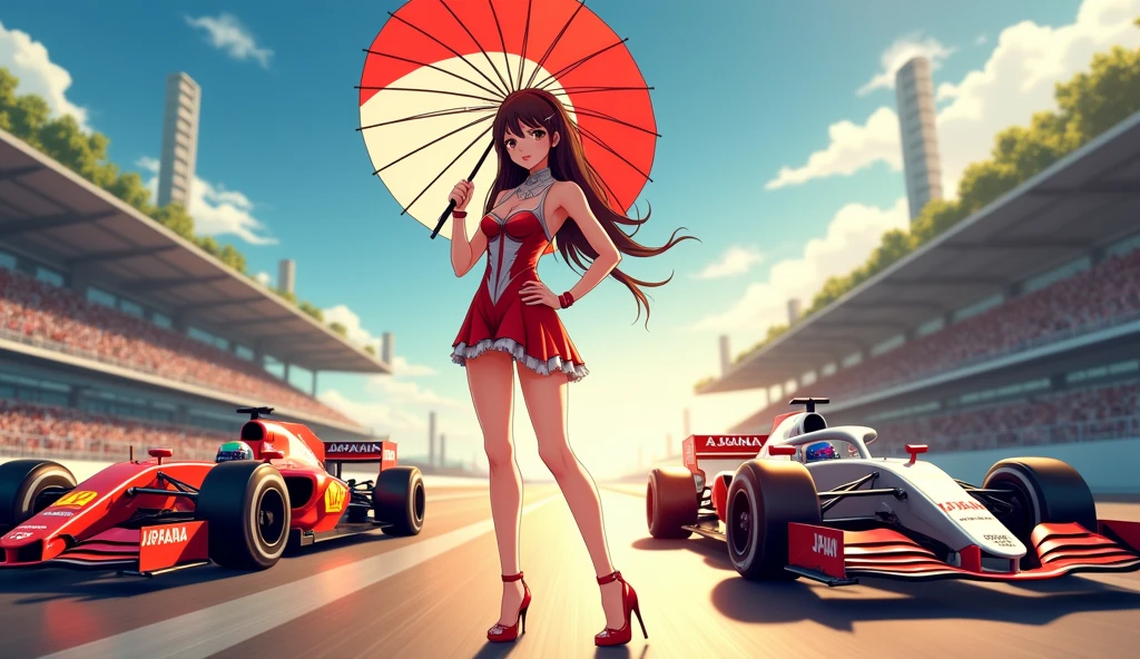 F1 race circuit. Race cars have the word JAPAN on them. A young Japanese race queen is standing in front of a race car holding a Japanese flag parasol. Her costume is separates with the word JAPAN on it. She is wearing a bangle on her arm. The background is beautiful and shining under the summer sun. Anime style. View from afar. Her beautiful legs are attractive, and her whole body from head to toe. She is wearing high heels.