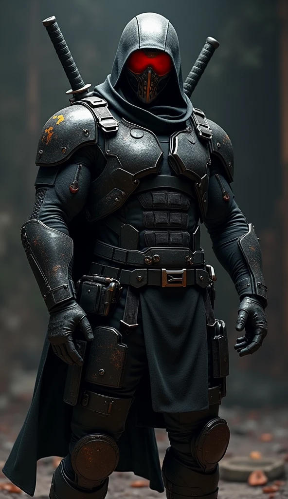 Scifi futuristic black soldier with red visor, villain, two katanas, wearing advanced armor, scratched armor, anti hero, tactical gear, meecenary, photoreal, dark, menacing, deathstroke style mask, powerful