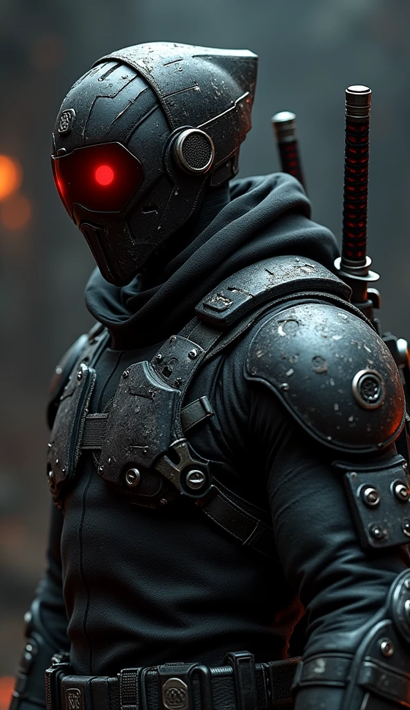 Scifi futuristic black soldier with red visor, villain, two katanas, wearing advanced armor, scratched armor, anti hero, tactical gear, meecenary, photoreal, dark, menacing, deathstroke style mask, powerful