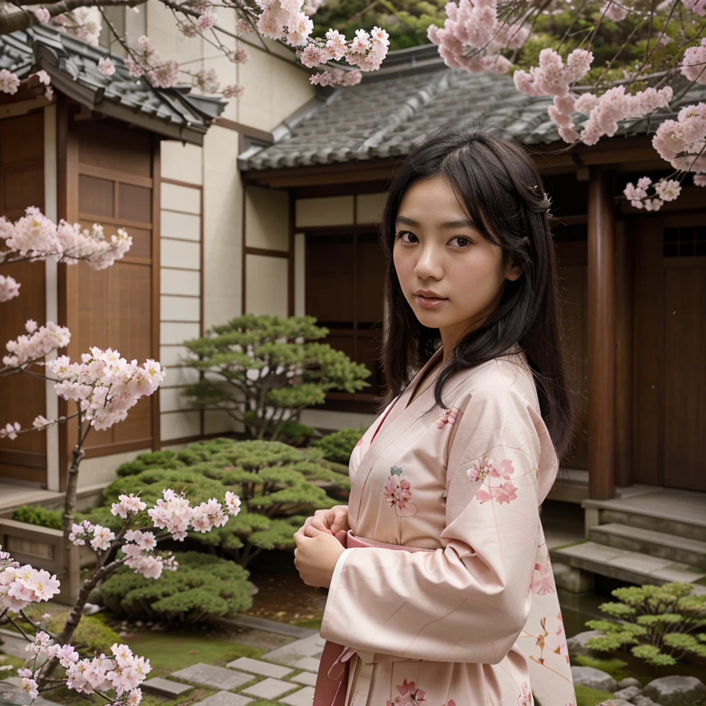 Ultra high-quality
"A beautiful young Japanese woman with smooth, fair skin and straight black hair. She has large brown eyes, a small nose, and soft pink lips. She’s wearing a traditional kimono with floral designs. The background shows a peaceful Japanese garden with cherry blossoms in bloom."