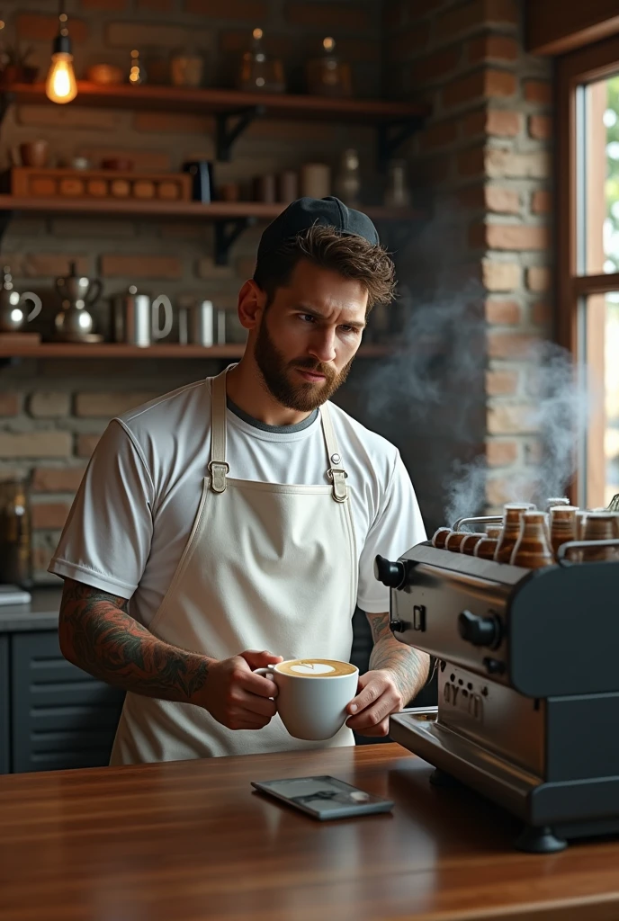 Lional messi as coffe seller in coffe shop
