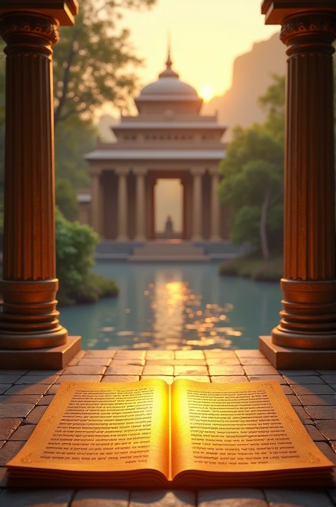 A serene, ancient temple with an open scroll at its entrance. The scroll has Sanskrit shlokas glowing softly, as rays of golden sunlight filter through the temple columns. The background features a calm river flowing, symbolizing the timeless flow of knowledge. The setting is peaceful, inviting viewers to connect with the spiritual essence of the shlokas.This visual would beautifully capture the essence of "Shlokalekha," blending ancient wisdom with a serene, natural setting.
