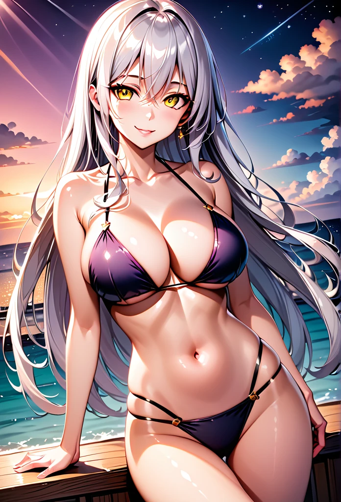 1 girl, golden ship \(Uma Musume\), Uma Musume, silver hair, (safe:1.5), (masterpiece:1.2),(Best Quality:1.2),The newest one, generated by AI, intricate details, (pixiv:1.3), (bishoujo:1.2), beautiful face, Perfect skin, very complex face, Extremely detailed CG unity 8k wallpaper, (Generated AI), (Realism), art station hd, slim figure, particle effects, busty, pretty eyes, (adolescent:1.2), blarky ( Beautiful caucasian woman, very long hair, (platinum white hair:1.4), hair between the eyes, (yellow eyes:1.3), White skin, (big breasts), Highlight the eyes, (age 16 years:1.3), tall woman, expressive face, attractive appearance, attractive face, perfect body), (eyeliner:1.0), BREAK (bikini verde :1.2), (clavicle), (beautiful night sky:1.1), (Sunset, Sunset glow:1.1), sunlight, sparkling, (head to thigh:1.2), ( smile ), messy hair, ultra detailed, illustrations, (Conceptual art:1.1), (looking at the viewer:1.1), (limited tone:1.05), (4k wallpaper:1.05), (cinematic light:1.1), (beautiful detailed eyes:1.2), (all intricate:1.05), (Light rays:1.1), cowboy shot, Chapped lips, charming smile, (seductive position:1.2)