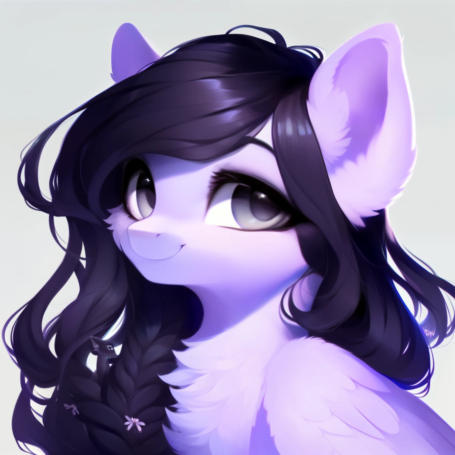 rating_safe, score_9, fluffy, feral pegasus pony, female, round cute face, Lavender purple body, black-purple mane, disheveled hair, soft and delicate long hair, clear grey eyes, grey eyes, smiling. dynamic。young and beautiful。Sitting,grace