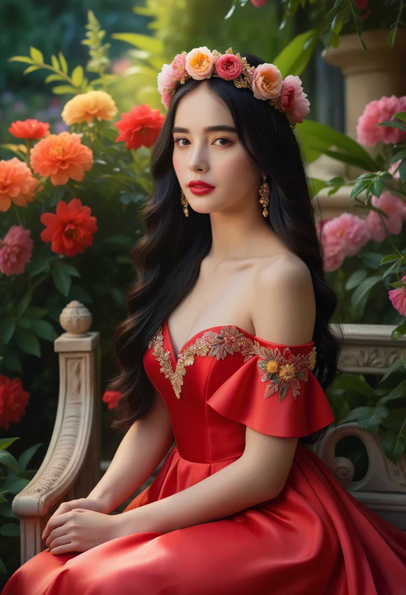 (Best Quality, 4K, 8K, High Definition, Masterpiece:1.2), (Ultra Detailed, Realistic, Photorealistic:1.37), a beautiful young woman with delicate facial features,flower crown,long elegant hair,ornate jeweled headpiece,red silk dress,sitting in a lush garden,surrounded by colorful flowers,intricate background details,cinematic lighting,delicate brushstrokes,oil painting,highly detailed,dramatic,romantic,soft color palette,dreamlike atmosphere