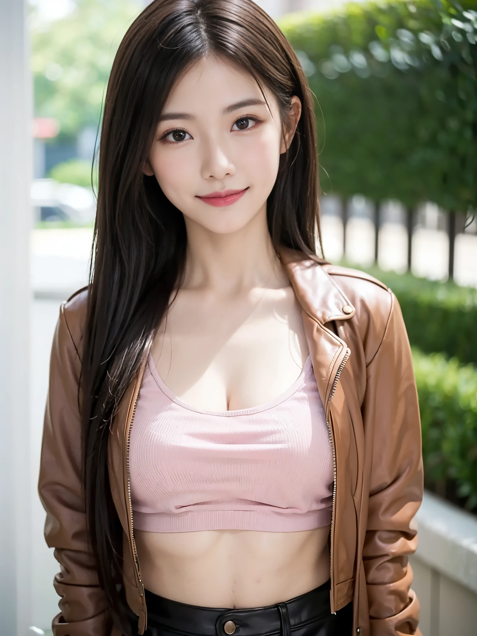 ((a solo Mature woman at outdoor wall)),(( wearing pink leather jacket:1.2)). 40k, Photography, masutepiece, Best Quality, ((Mature Women, waifu, mami, A MILF)), ((voluptuous breasts)), large breast, Perfect face, perfect , ((solo_girl with brown eyes and gorgeous bright black hair)). a Pretty Japanese woman,wet hair look, completely soft chest and white skin,, ((Very soft breasts)). Ultra-detailed face, Detailed eyes, looking into camera, embarrassed, Smile, closed lips, closed mouth, closed lips, no teeth, smooth light on face, vivid