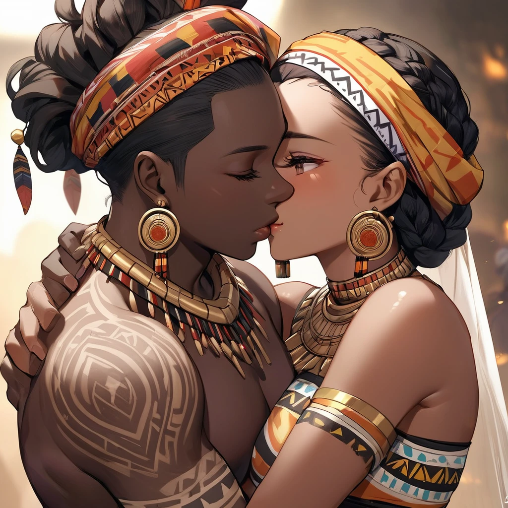 ((Highest quality)), ((masterpiece)), (detailed), (Perfect Face)、The woman is wearing the tribe's bridal attire, embracing the tribal man tightly, sharing a deep kiss, expressing their love for each other, and celebrating their wedding.、The woman has bright black skin、(Ghana braids with strong curly hair slicked back)、Black, dark skinned, African native tribal woman、The amount of hair is small、Black Hair、Very short curly hair、Ghana braid hair, finely and delicately braided into Ghana braids and slicked back、Her hair is braided and thin, and she wears a tribal headdress and a tribal headscarf.、African black woman beautifully dressed in tribal clothing, tribal earrings and tribal accessories, wearing tribal makeup、A beautiful tribal woman with tattoos all over her body、Women in tribal village night rituals、The woman's hair is dyed black by the other women in the village and styled like an African woman's.