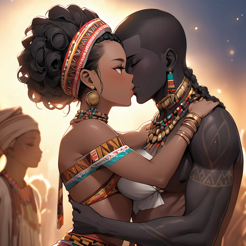 ((Highest quality)), ((masterpiece)), (detailed), (Perfect Face)、The woman is wearing the tribe's bridal attire, embracing the tribal man tightly, sharing a deep kiss, expressing their love for each other, and celebrating their wedding.、The woman has bright black skin、(Ghana braids with strong curly hair slicked back)、Black, dark skinned, African native tribal woman、The amount of hair is small、Black Hair、Very short curly hair、Ghana braid hair, finely and delicately braided into Ghana braids and slicked back、Her hair is braided and thin, and she wears a tribal headdress and a tribal headscarf.、African black woman beautifully dressed in tribal clothing, tribal earrings and tribal accessories, wearing tribal makeup、A beautiful tribal woman with tattoos all over her body、Women in tribal village night rituals、The woman's hair is dyed black by the other women in the village and styled like an African woman's.