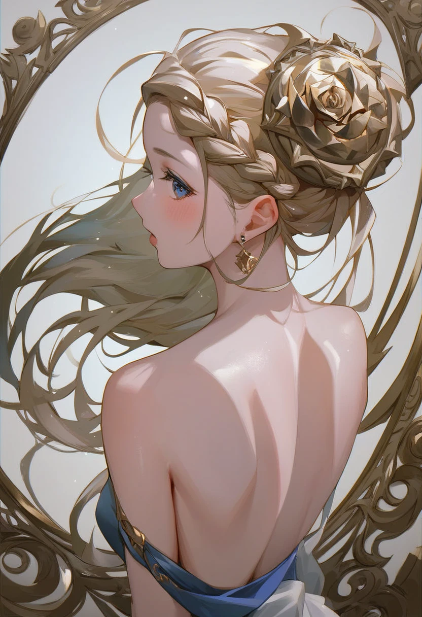 score_9, score_8_up, score_7_up,source_anime, high res image,masterpiece,best quality,girl,cute face,clear skin,shiny hair,half up braid,ultra detailed eyes,simple background,from behind