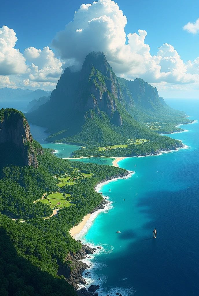 Generate an aerial image of a lush island surrounded by ocean。
-Large clouds are floating above the ground
