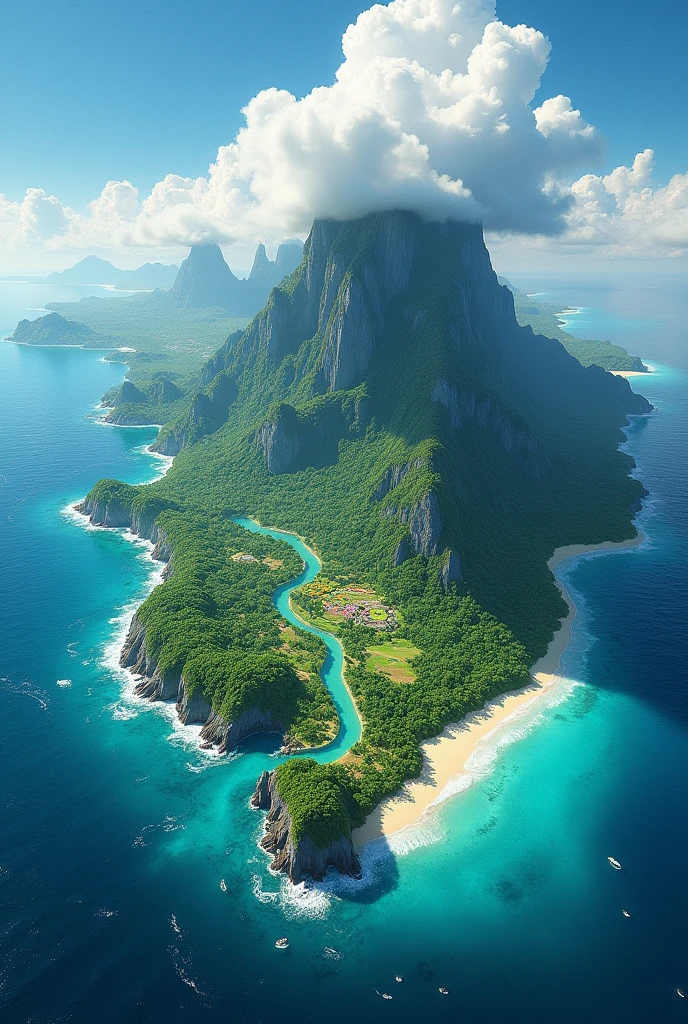 Generate an aerial image of a lush island surrounded by ocean。
-Large clouds are floating above the ground