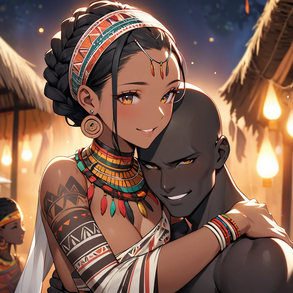 ((Highest quality)), ((masterpiece)), (detailed), (Perfect Face)、The woman is wearing a tribal wedding dress and is happily embracing a tribal man at their wedding.、The woman has bright black skin、(Ghana braids with strong curly hair slicked back)、Black, dark skinned, African native tribal woman、The amount of hair is small、Black Hair、Very short curly hair、Ghana braid hair, finely and delicately braided into Ghana braids and slicked back、Her hair is braided and thin, and she wears a tribal headdress and a tribal headscarf.、African black woman beautifully dressed in tribal clothing, tribal earrings and tribal accessories, wearing tribal makeup、A beautiful tribal woman with tattoos all over her body、Women in tribal village night rituals、The woman's hair is dyed black by the other women in the village and styled like an African woman's.