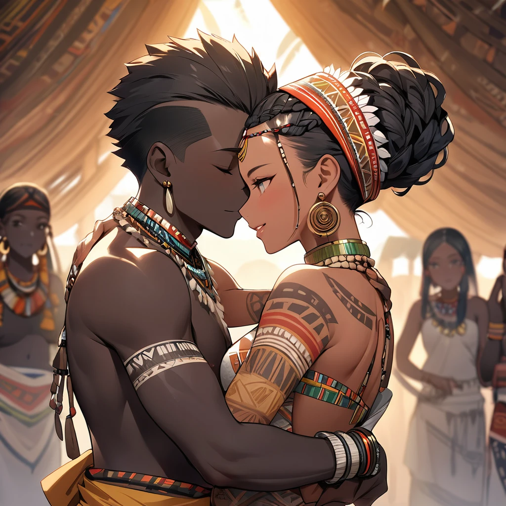 ((Highest quality)), ((masterpiece)), (detailed), （Perfect Face）、The woman is wearing a tribal wedding dress and is embraced by a tribal man as they hold each other close and look happy as they hold their wedding ceremony.、The woman has bright black skin、（Ghana braids with strong curly hair slicked back）、Black, dark skinned, African native tribal woman、The amount of hair is small、Black Hair、Very short curly hair、Ghana braid hair, finely and delicately braided into Ghana braids and slicked back、Her hair is braided and thin, and she wears a tribal headdress and a tribal headscarf.、African black woman beautifully dressed in tribal clothing, tribal earrings and tribal accessories, wearing tribal makeup、A beautiful tribal woman with tattoos all over her body、Women in tribal village night rituals、The woman&#39;s hair is dyed black by the other women in the village and styled like an African woman&#39;s.