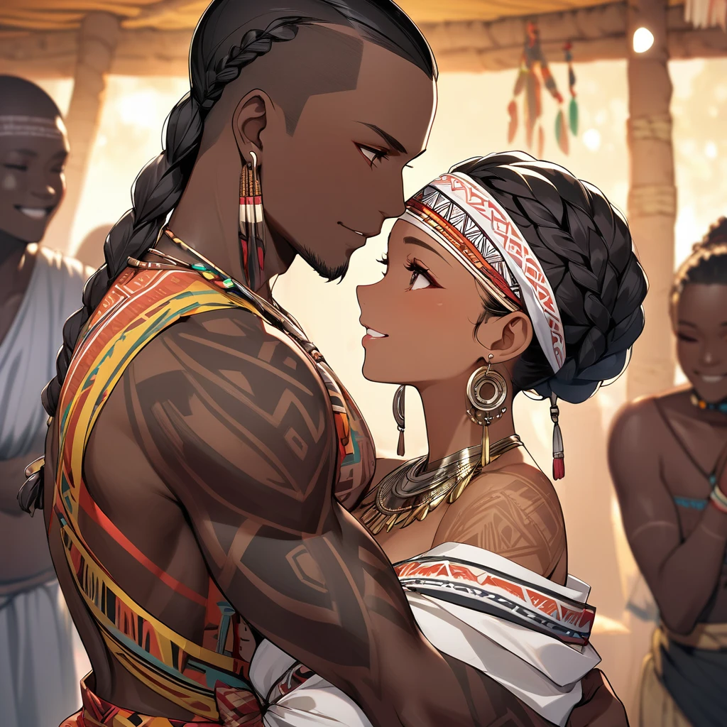 ((Highest quality)), ((masterpiece)), (detailed), （Perfect Face）、The woman is wearing a tribal wedding dress and is embraced by a tribal man as they hold each other close and look happy as they hold their wedding ceremony.、The woman has bright black skin、（Ghana braids with strong curly hair slicked back）、Black, dark skinned, African native tribal woman、The amount of hair is small、Black Hair、Very short curly hair、Ghana braid hair, finely and delicately braided into Ghana braids and slicked back、Her hair is braided and thin, and she wears a tribal headdress and a tribal headscarf.、African black woman beautifully dressed in tribal clothing, tribal earrings and tribal accessories, wearing tribal makeup、A beautiful tribal woman with tattoos all over her body、Women in tribal village night rituals、The woman&#39;s hair is dyed black by the other women in the village and styled like an African woman&#39;s.
