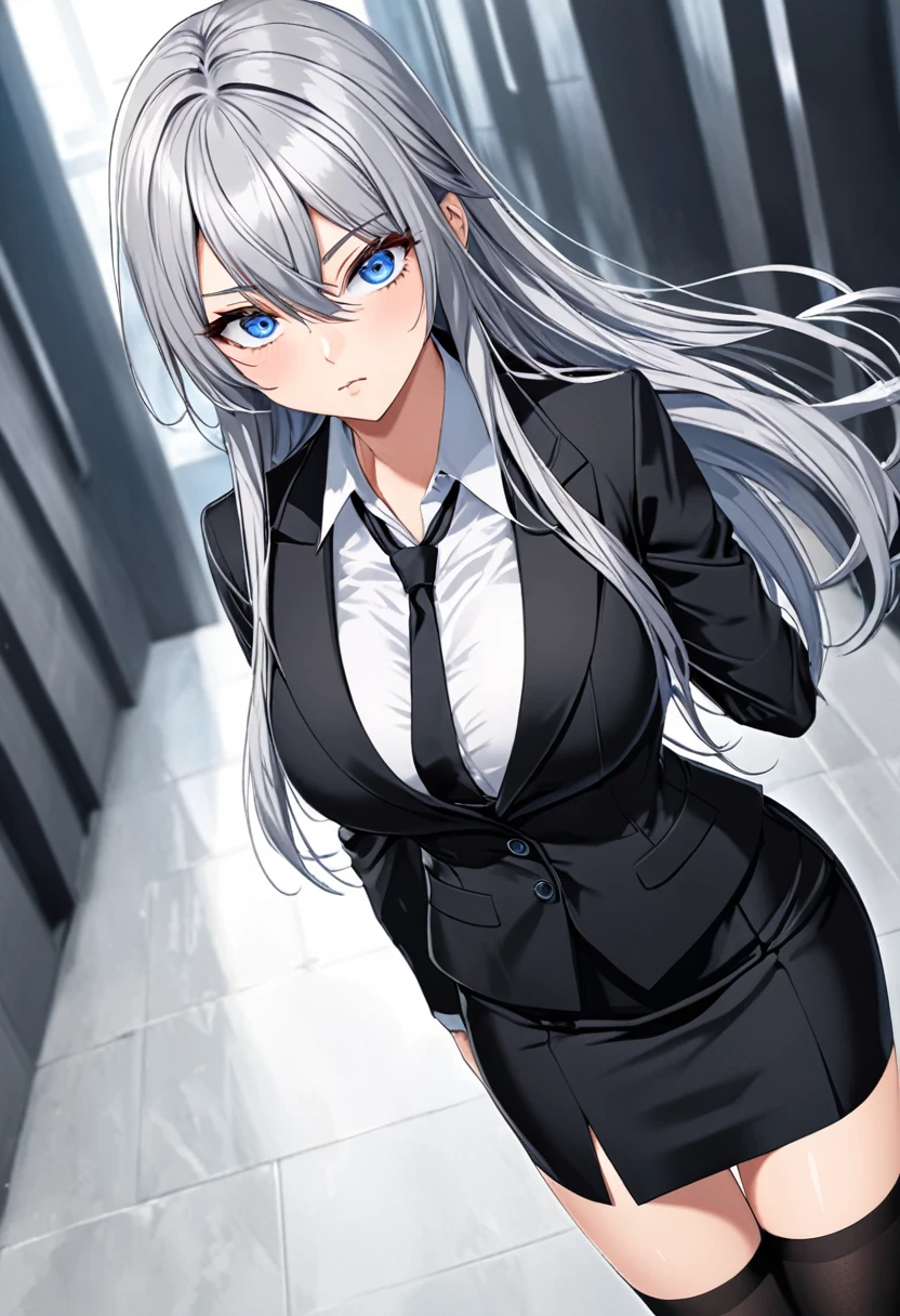 {one 25 year old female} {silver, long hair} {crossed bangs} {big breasts} {blue eyes, pinched eyes} {black suit, pencil skirt, slit} {white shirt} {black knee high socks} {standing}