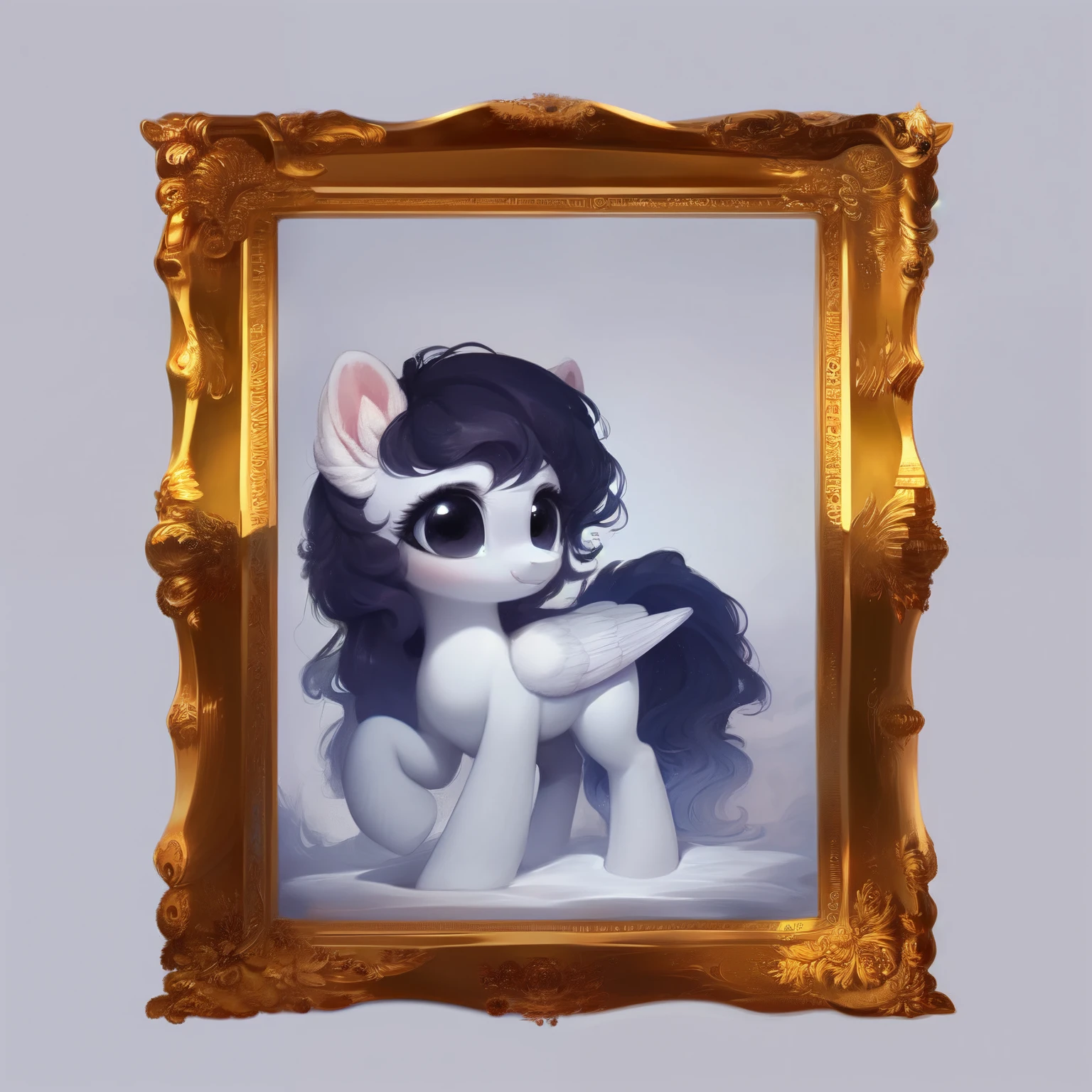 rating_safe, score_9, fluffy, feral pegasus pony, male,round cute face,Light gray body,Black mane,Long hair,Wearing hair,Big wavy hair,Black eyes,Cool,elegant。Standing picture, Ray Tracing。whole body。Standing。White background,Full body painting。Lovely,young,beautiful。Highest Quality