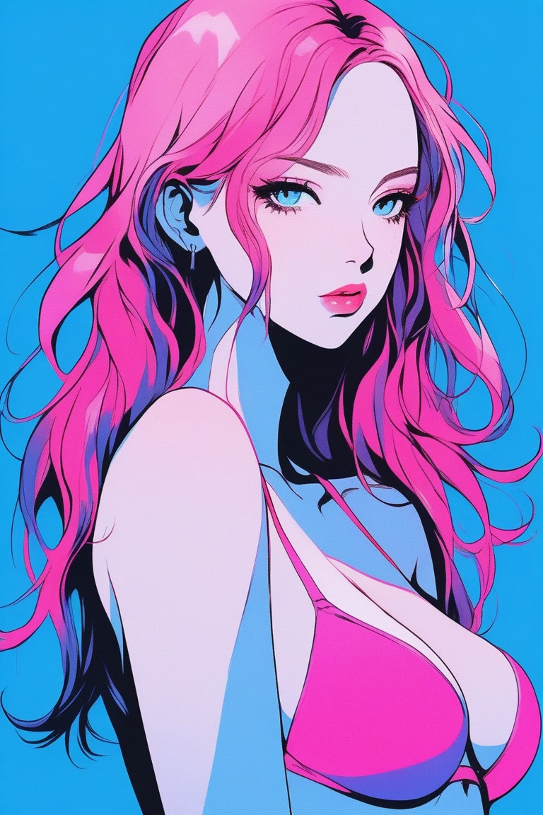 Illustrator, anime , Realistic ,sketch , 1 person, ,lip, bikini, (((whole body))), order, Blue gradient background, Neon Medium Hair,Texture Trim, Canadian, (masterpiece,Highest quality) cancer