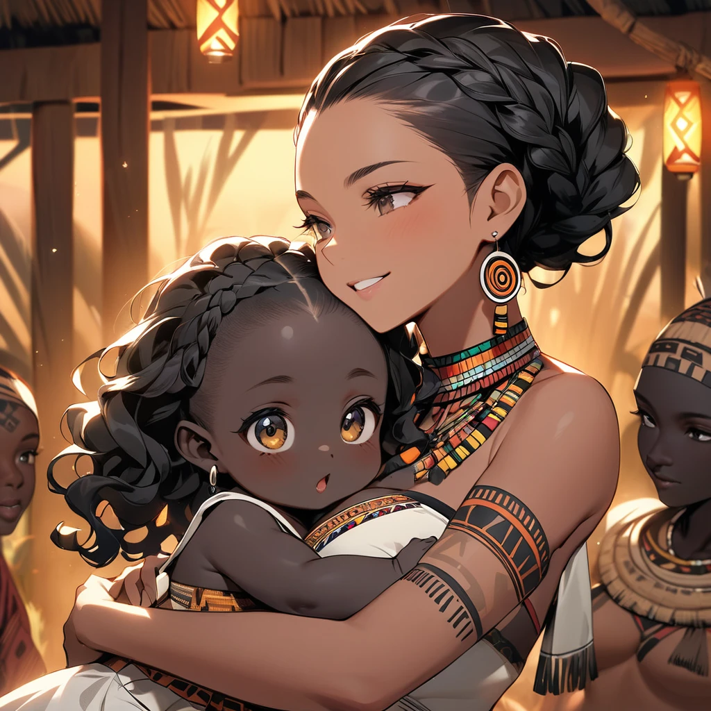 ((Highest quality)), ((masterpiece)), (detailed), （Perfect Face）、The woman has dark skin, is pregnant, and is holding a .、（Ghana braids with strong curly hair slicked back）、Black, dark skinned, African native tribal woman、The amount of hair is small、Black Hair、Very short curly hair、Ghana braid hair, finely and delicately braided into Ghana braids and slicked back、A black African woman with braided hair, low volume, tribal earrings and tribal accessories, beautifully dressed and wearing tribal makeup、A beautiful tribal woman with tattoos all over her body、Women in tribal village night rituals、The woman&#39;s hair is dyed black by the other women in the village and styled like an African woman&#39;s.