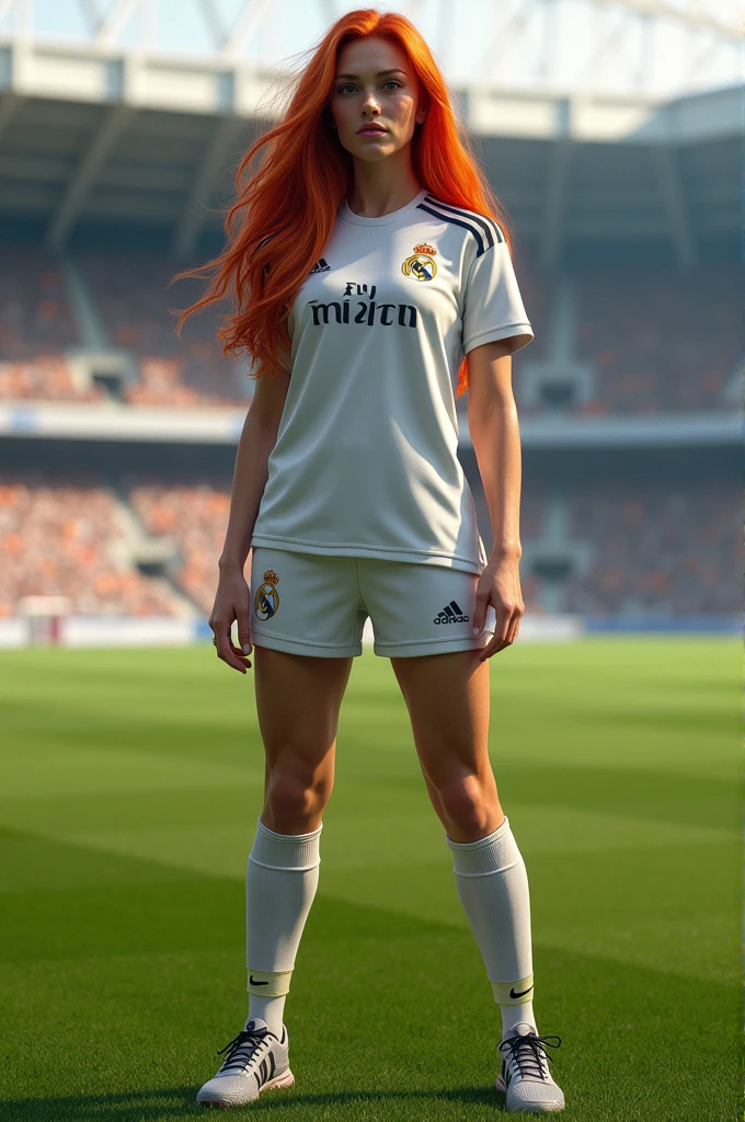 Real Madrid female football player. redhead long hair, elegant smile, latin face 
