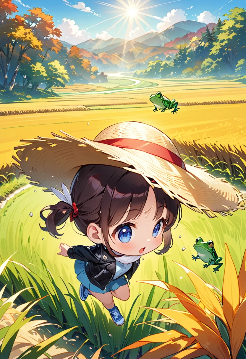Highest quality、High resolution、Detailed Background、Beautiful face in every detail、Anatomically correct、Detailed facial expressions、fine grain、Movie Posters、((full body, from above:1.2, back shot, looking away:1.2)), break ((One Girl:1.2)、((Chibi Girl:1.2)))、Bright pretty hair color、Big beautiful blue eyes、Fuller lips、Pink Lips、Braided twintails、Ahoge、(Rice harvesting experience:1.2)、(Cute black leather jacket、Cute workwear、Cute sneakers、Straw hat、Put a hand towel around your neck)、break ((Harvesting rice in the rice field:1.2、Holding a sickle in his hand、Sweat on the forehead、))、((The background is a peaceful autumn rural landscape.、Ear of rice、Intense sunlight))、(The frog is jumping:1.2、Grasshopper jumping:1.2)