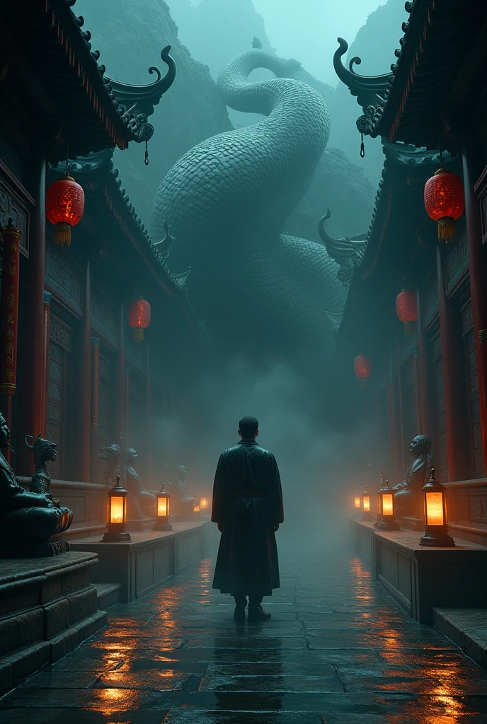 Ancient China, temple, (Mysterious black fog), Journey to the West, Judge, mayor, glazed tiles, Buddha statues, lanterns, absurd, Realistic lighting, (Abyss) masterpiece, high quality, Exquisite graphics, High detail, Submarine, Water prison, male, Serpent Spirit  