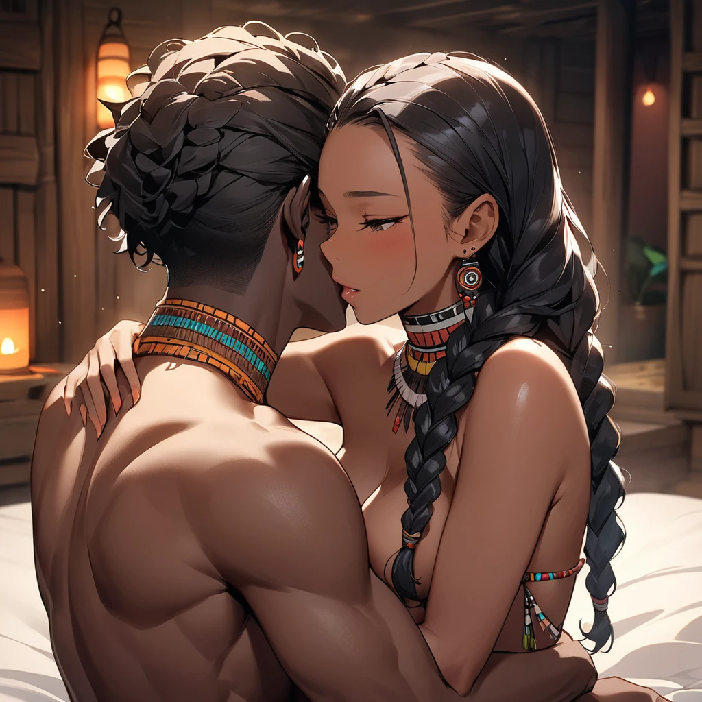 ((Highest quality)), ((masterpiece)), (detailed), （Perfect Face）、The woman is naked on the bed in the tribe's bedroom, tightly embracing a naked man from the tribe, deeply kissing and making love with insemination sex.、The woman has bright black skin、（Ghana braids with strong curly hair slicked back）、Black, dark skinned, African native tribal woman、The amount of hair is small、Black Hair、Very short curly hair、Ghana braid hair, finely and delicately braided into Ghana braids and slicked back、A black African woman with braided hair, low volume, tribal earrings and tribal accessories, beautifully dressed and wearing tribal makeup、A beautiful tribal woman with tattoos all over her body、Women in tribal village night rituals、The woman&#39;s hair is dyed black by the other women in the village and styled like an African woman&#39;s.