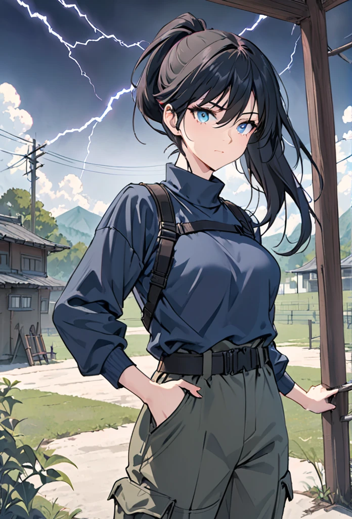 {{upper body}} {{Artist: sincos}} 1 woman, sharp and sexy female, black hair, long hair, hair in a ponytail, lidded eyes, electric blue eyes, no smile, lithe body, tall, black turtleneck shirt, harness, cargo pants in military print, training grounds, standing, hand on hip, dark ambiance, dark lightning, war, pov, good quality.