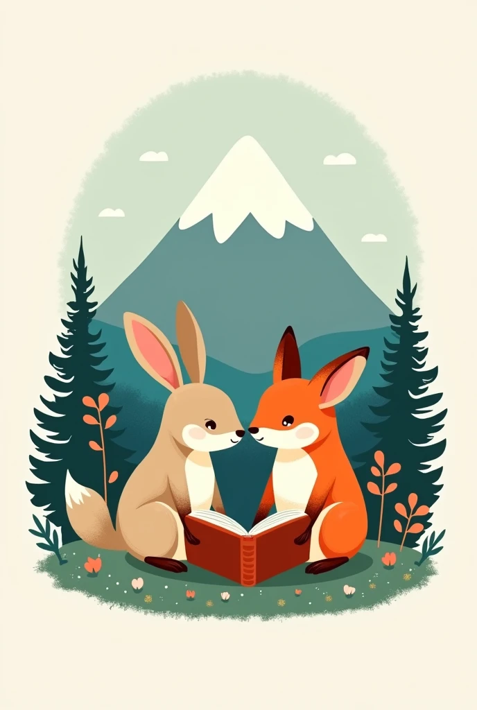 Logo with a rabbit and a fox reading a book, surrounded by mountains