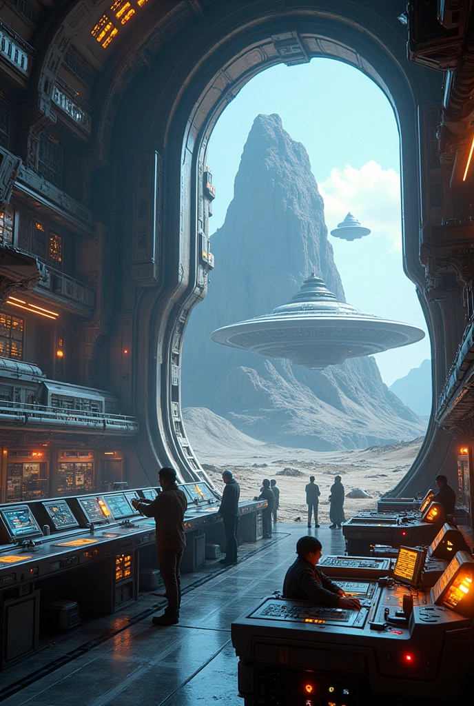 exterior of spaceship. You can see the scenery of an alien planet through the window, The entire space is filled with workstations with electronic devices and screens, Full HD