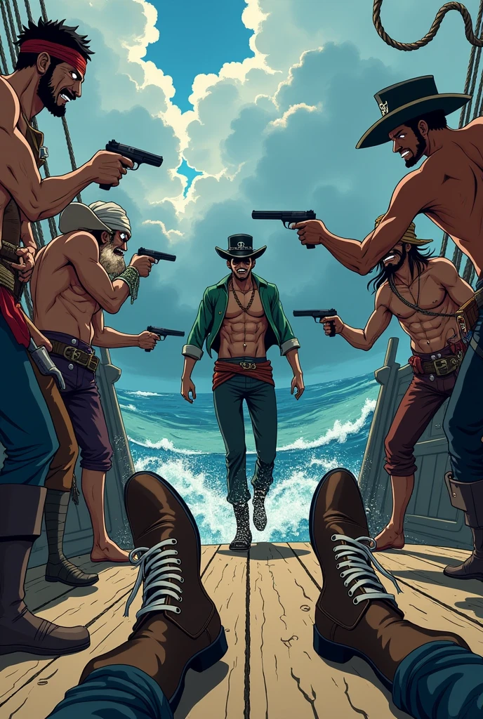 Draw a picture of the pirates letting a Nazi walk the plank. The combat boots should have white laces and should be on the front of the boots, not behind! Das ganze im One Piece Anime Style